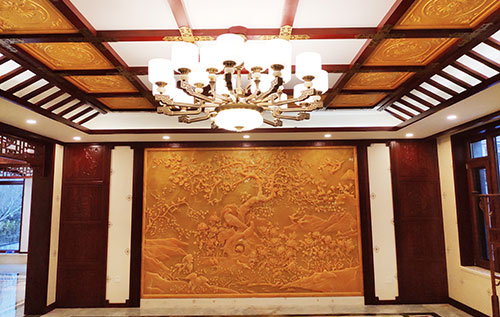 黔东南中式别墅客厅中式木作横梁吊顶装饰展示